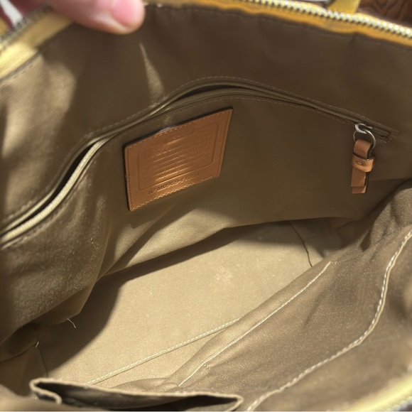 Coach Signature Canvas Yellow Stripe Leather Trim Shoulder Tote Trapezoid Bag - Picture 13 of 15